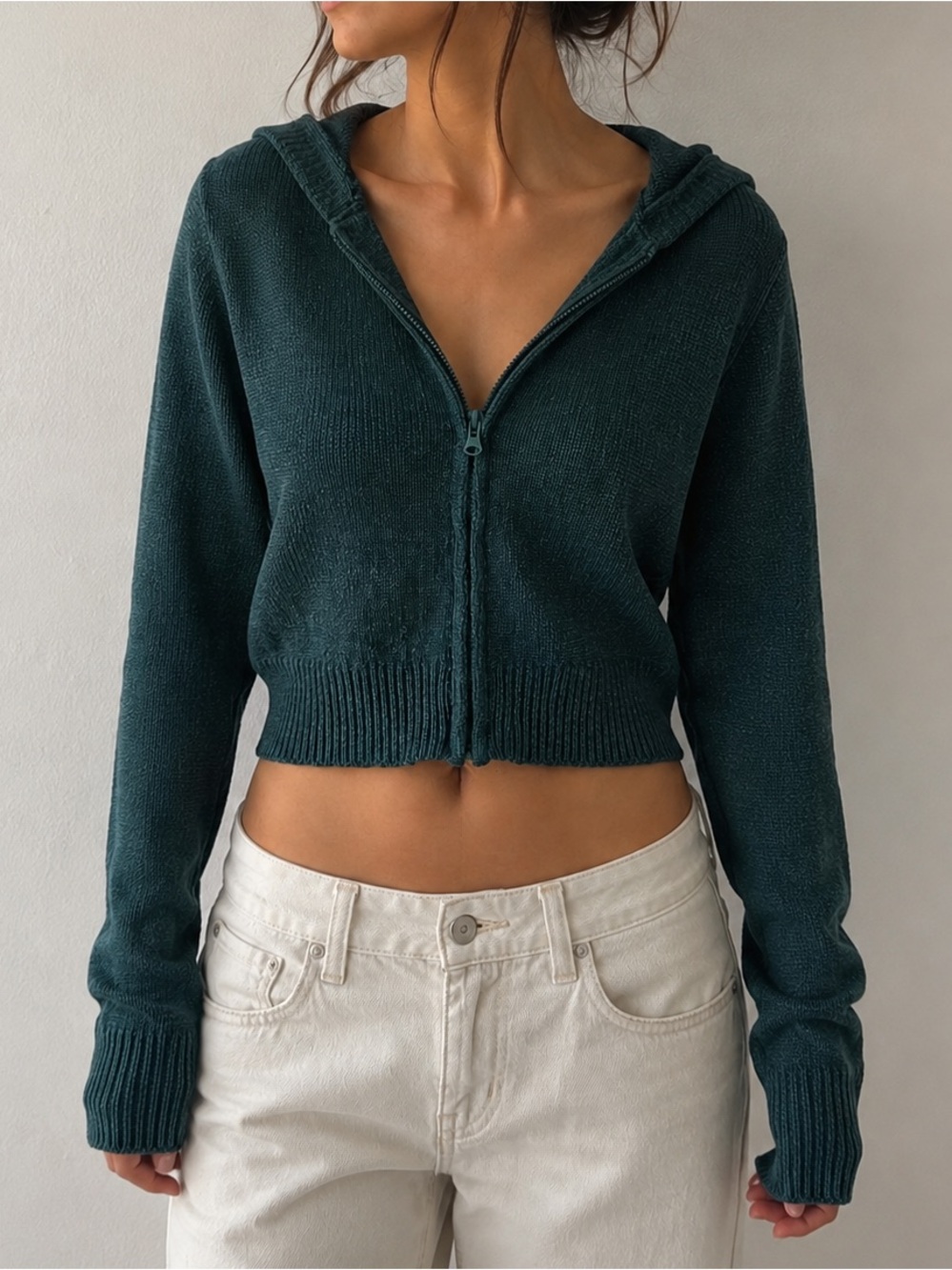 Social Scene Teal Knit Cropped Zip Up Hoodie XS